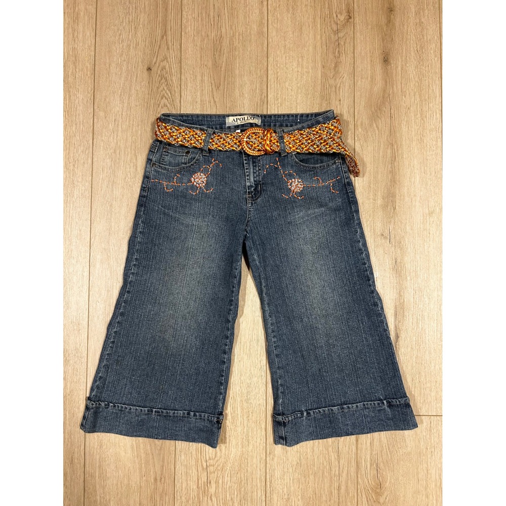 Y2K Apollo Jeans Women 7/8 Medium Wash Beaded Cropped Wide Leg Denim Belt Capris